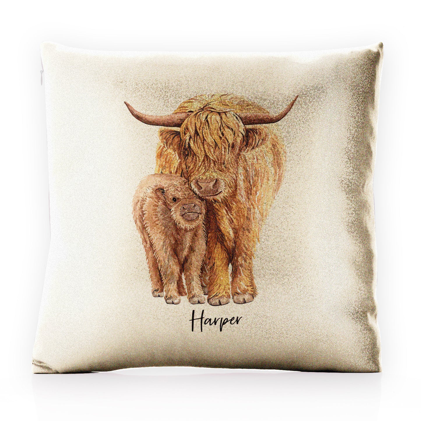 Personalised Glitter Cushion with Welcoming Text and Relaxing Mum and Baby Highland Cows