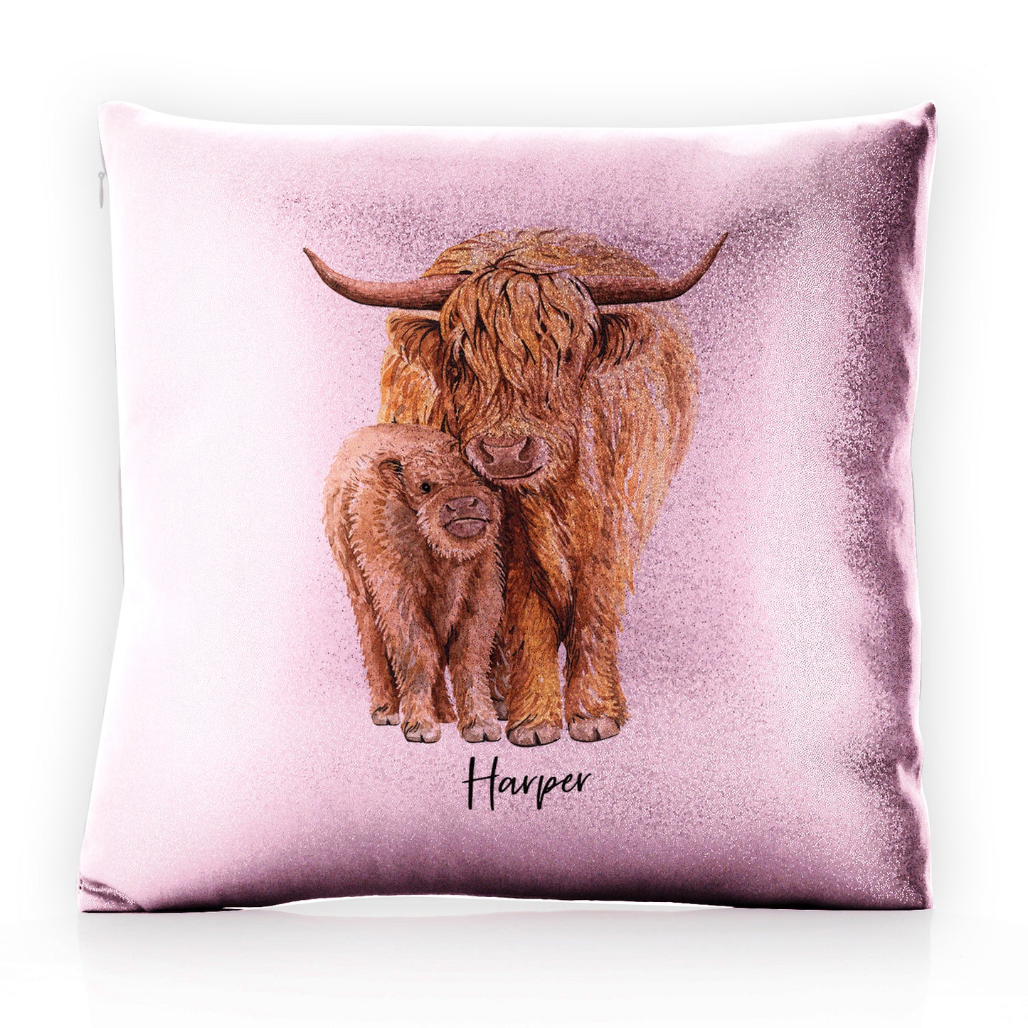 Personalised Glitter Cushion with Welcoming Text and Relaxing Mum and Baby Highland Cows