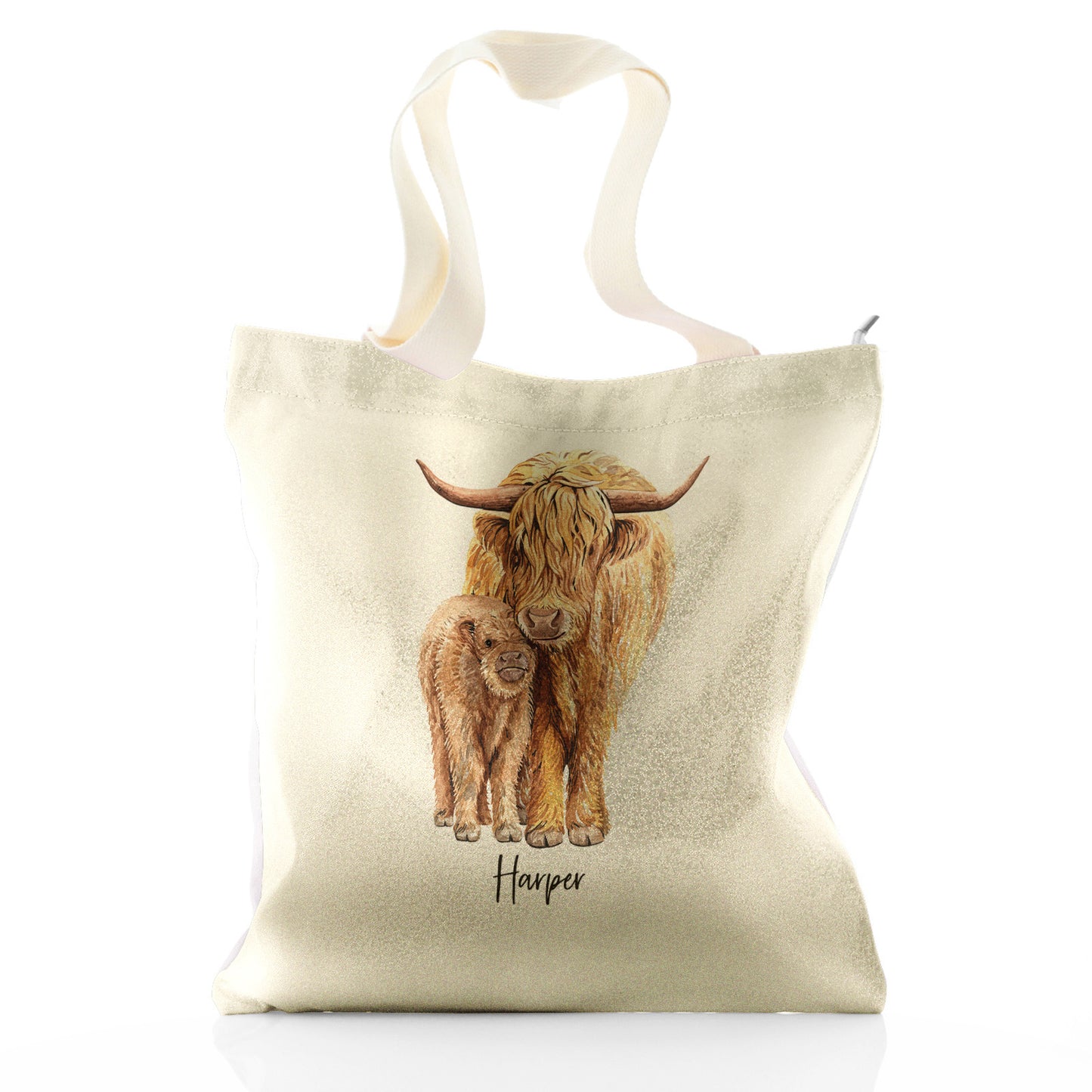 Personalisierte Glitzer-Einkaufstasche mit Willkommenstext und entspannenden Highland-Kühen für Mama und Baby