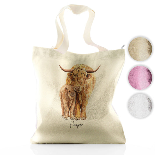 Personalised Glitter Tote Bag with Welcoming Text and Relaxing Mum and Baby Highland Cows