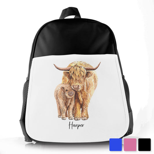 Personalised School Bag/Rucksack with Welcoming Text and Relaxing Mum and Baby Highland Cows