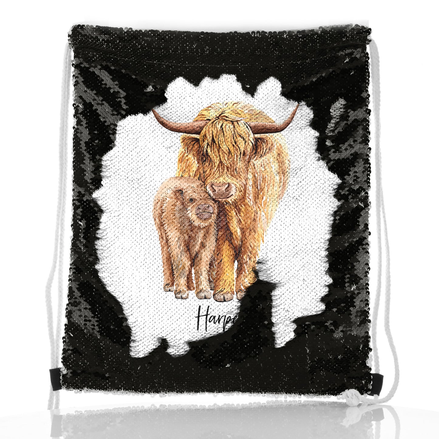 Personalised Sequin Drawstring Backpack with Welcoming Text and Relaxing Mum and Baby Highland Cows