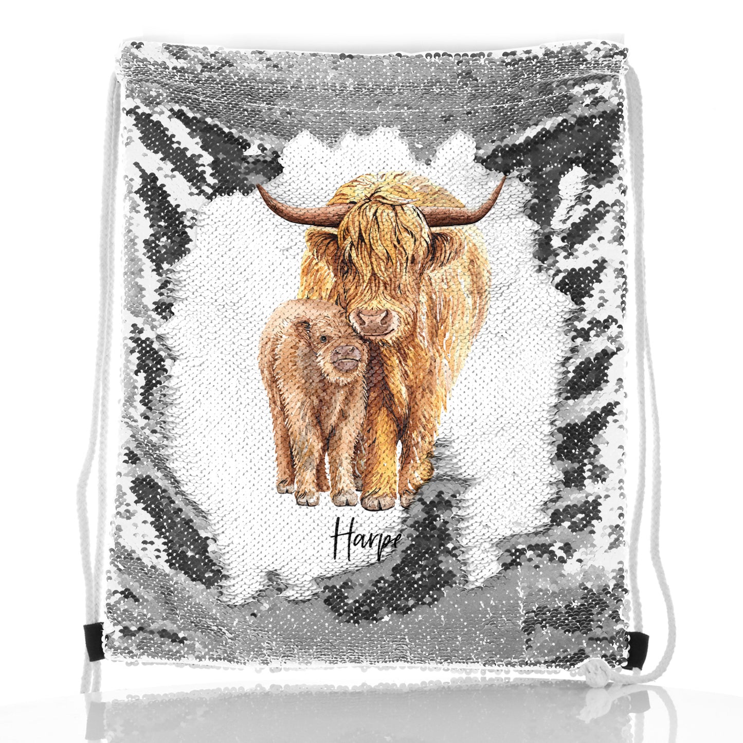 Personalised Sequin Drawstring Backpack with Welcoming Text and Relaxing Mum and Baby Highland Cows