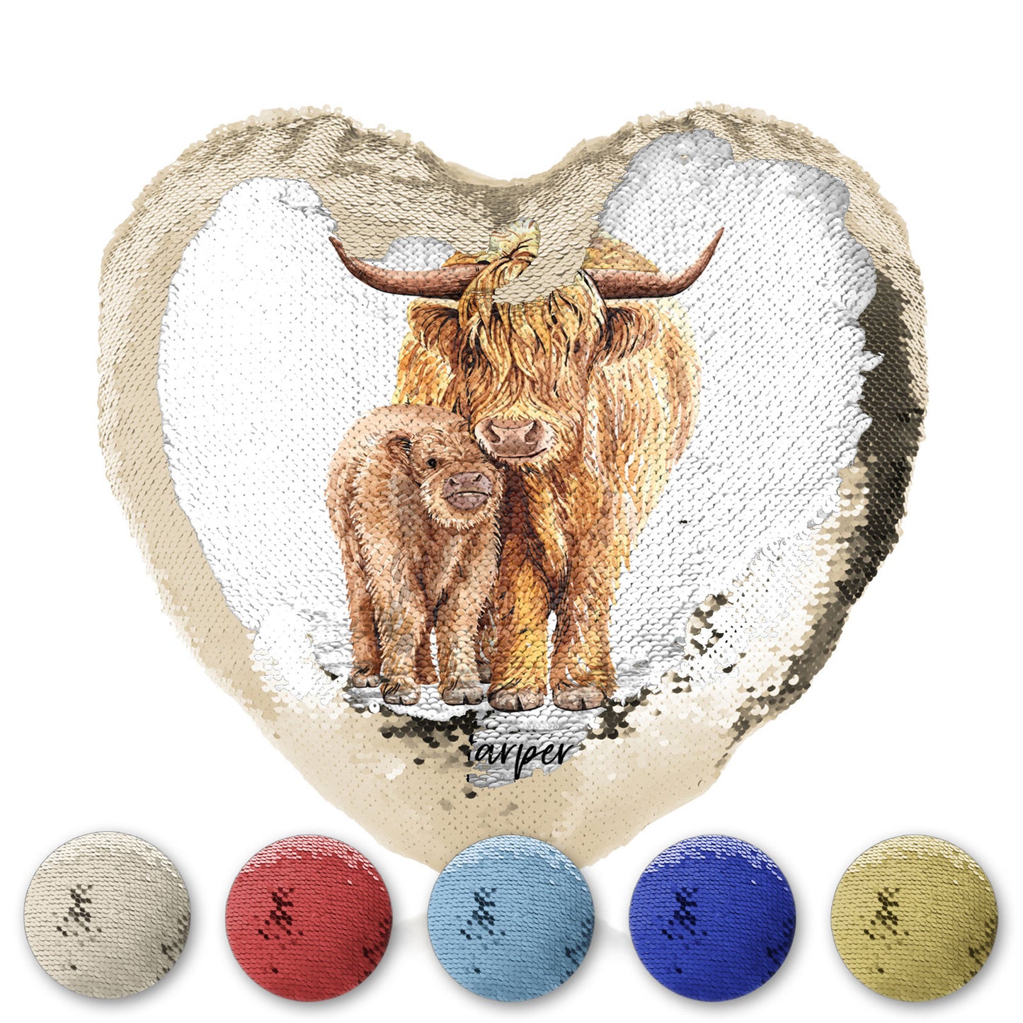 Personalised Sequin Heart Cushion with Welcoming Text and Relaxing Mum and Baby Highland Cows