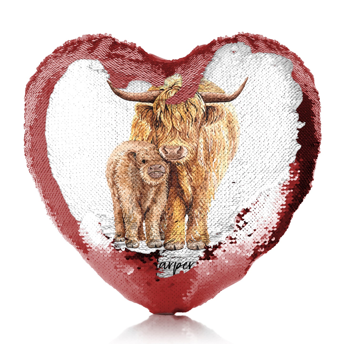 Personalised Sequin Heart Cushion with Welcoming Text and Relaxing Mum and Baby Highland Cows