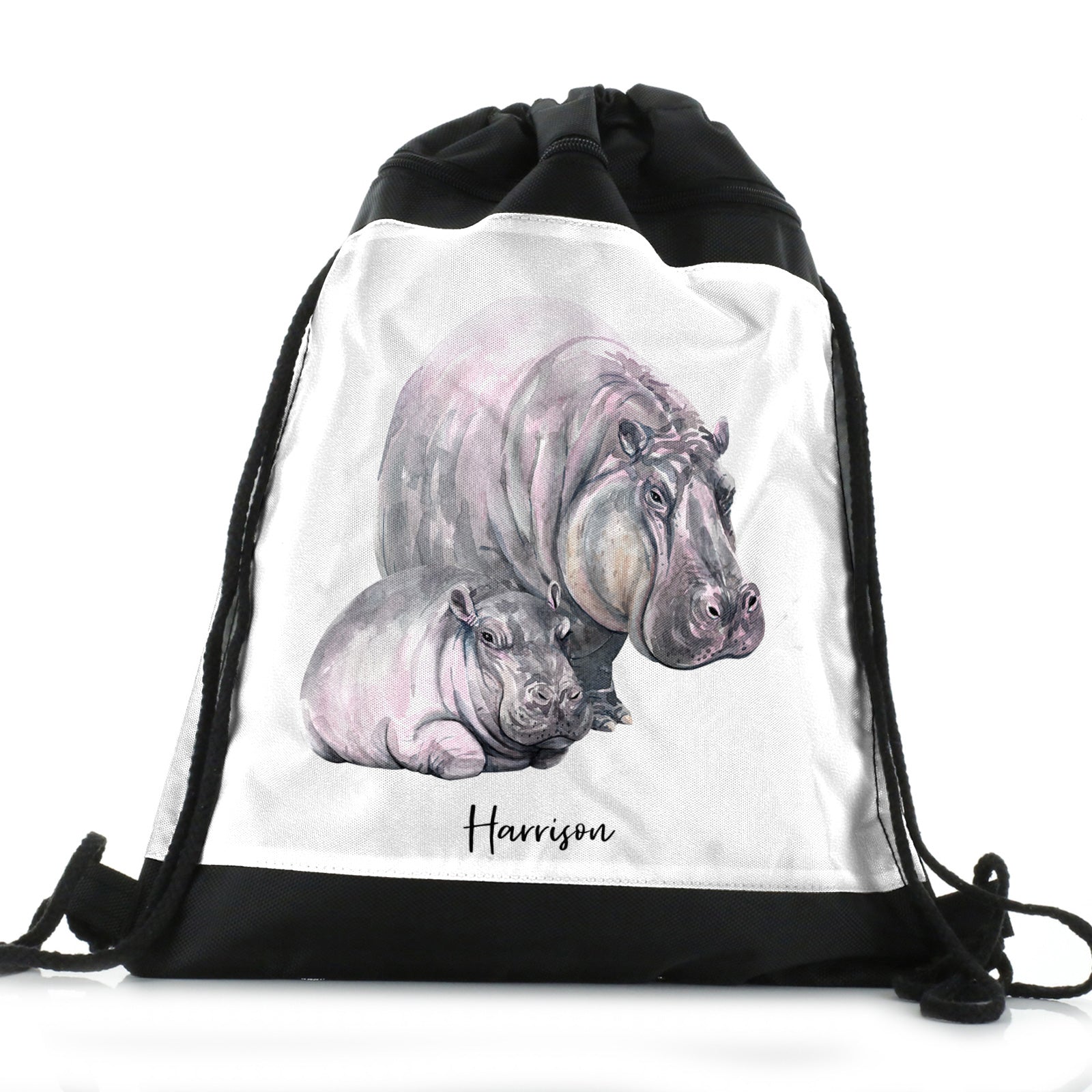 Personalised Drawstring Backpack with Welcoming Text and Relaxing Mum and Baby Hippos
