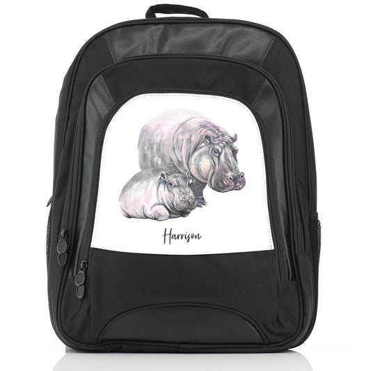 Personalised Large Multifunction Backpack with Welcoming Text and Relaxing Mum and Baby Hippos
