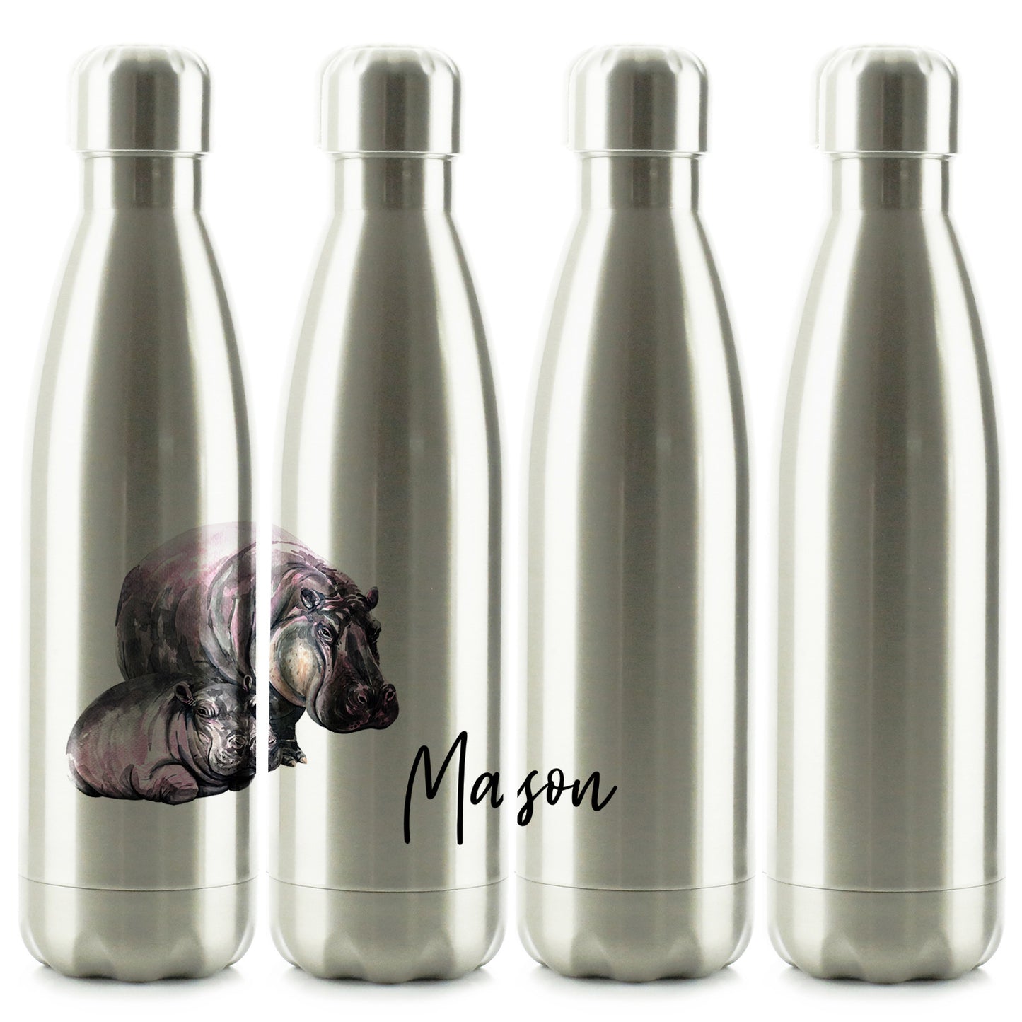 Personalisierte Cola-Flasche mit Begrüßungstext und entspannenden Nilpferden für Mama und Baby