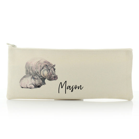 Personalised Canvas Zip Bag with Welcoming Text and Relaxing Mum and Baby Hippos