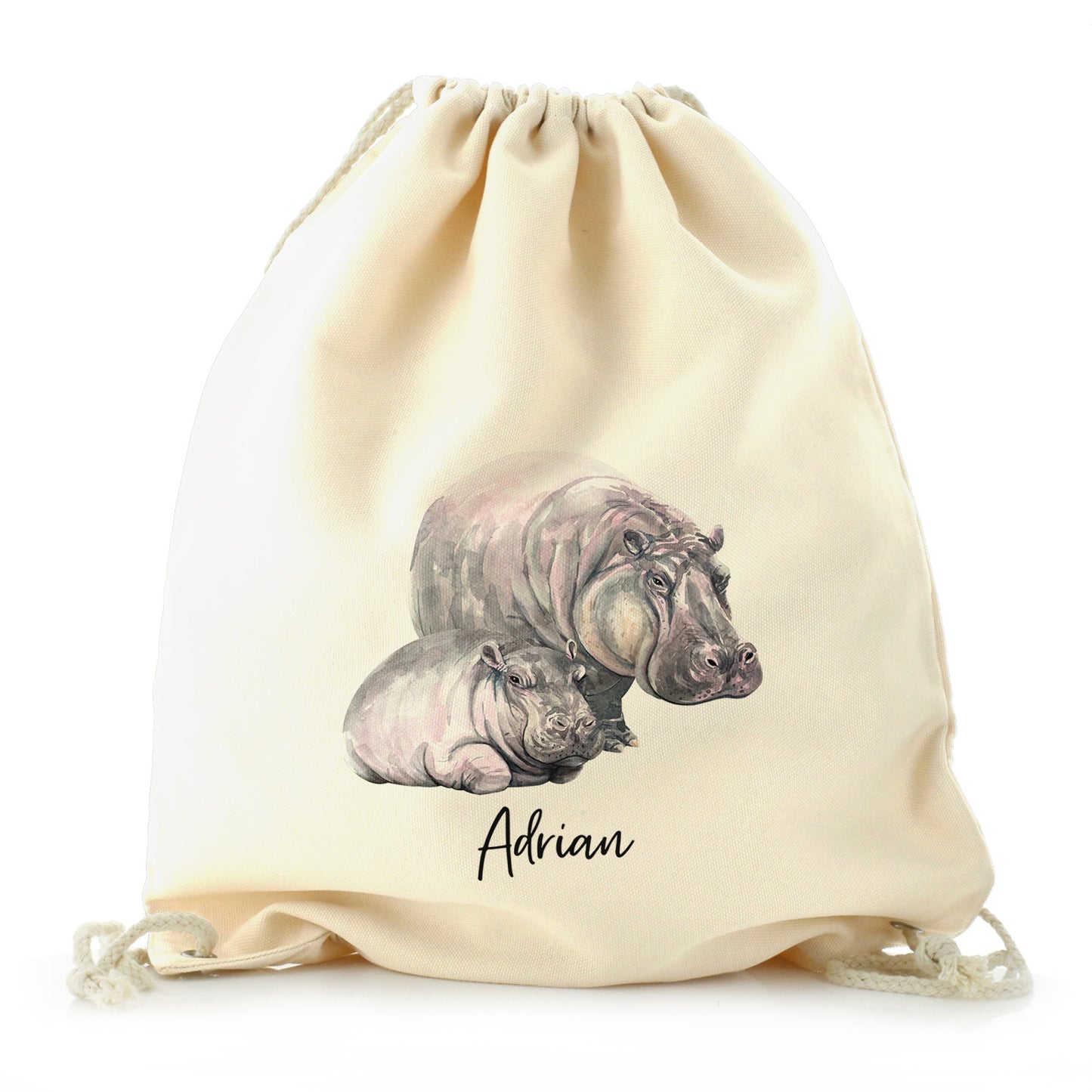 Personalised Canvas Drawstring Backpack with Welcoming Text and Relaxing Mum and Baby Hippos