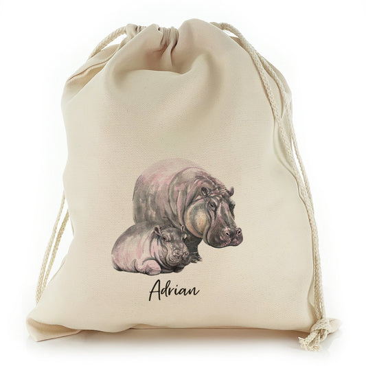 Personalised Canvas Sack with Welcoming Text and Relaxing Mum and Baby Hippos