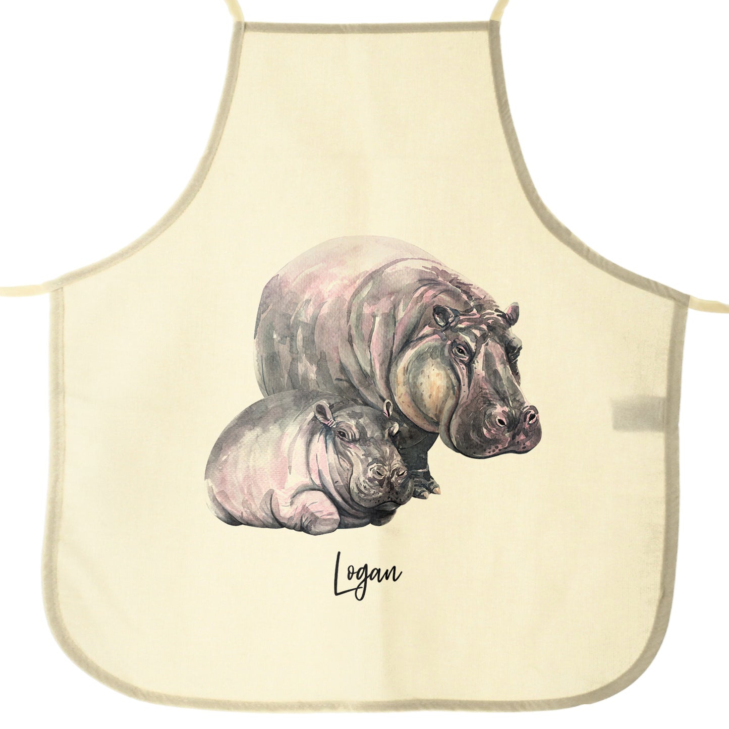 Personalised Apron with Welcoming Text and Relaxing Mum and Baby Hippos