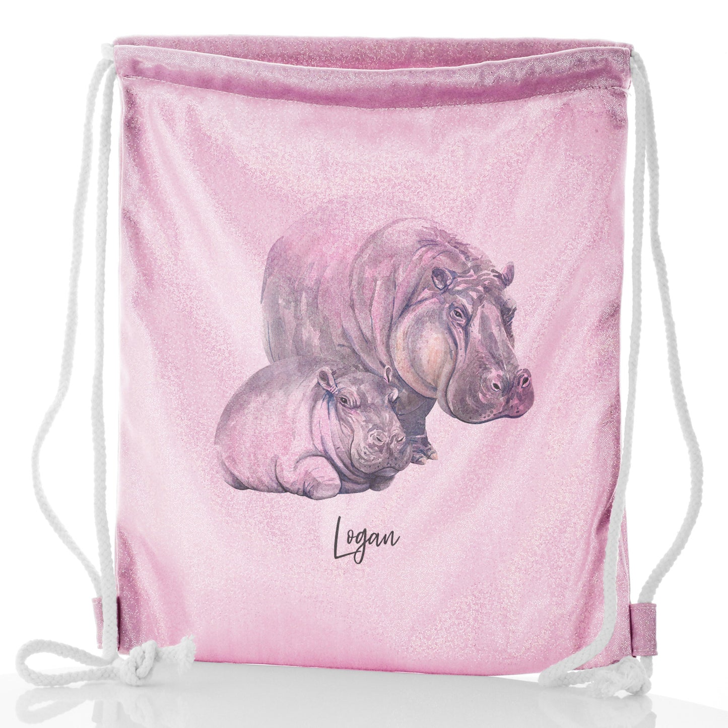 Personalised Glitter Drawstring Backpack with Welcoming Text and Relaxing Mum and Baby Hippos