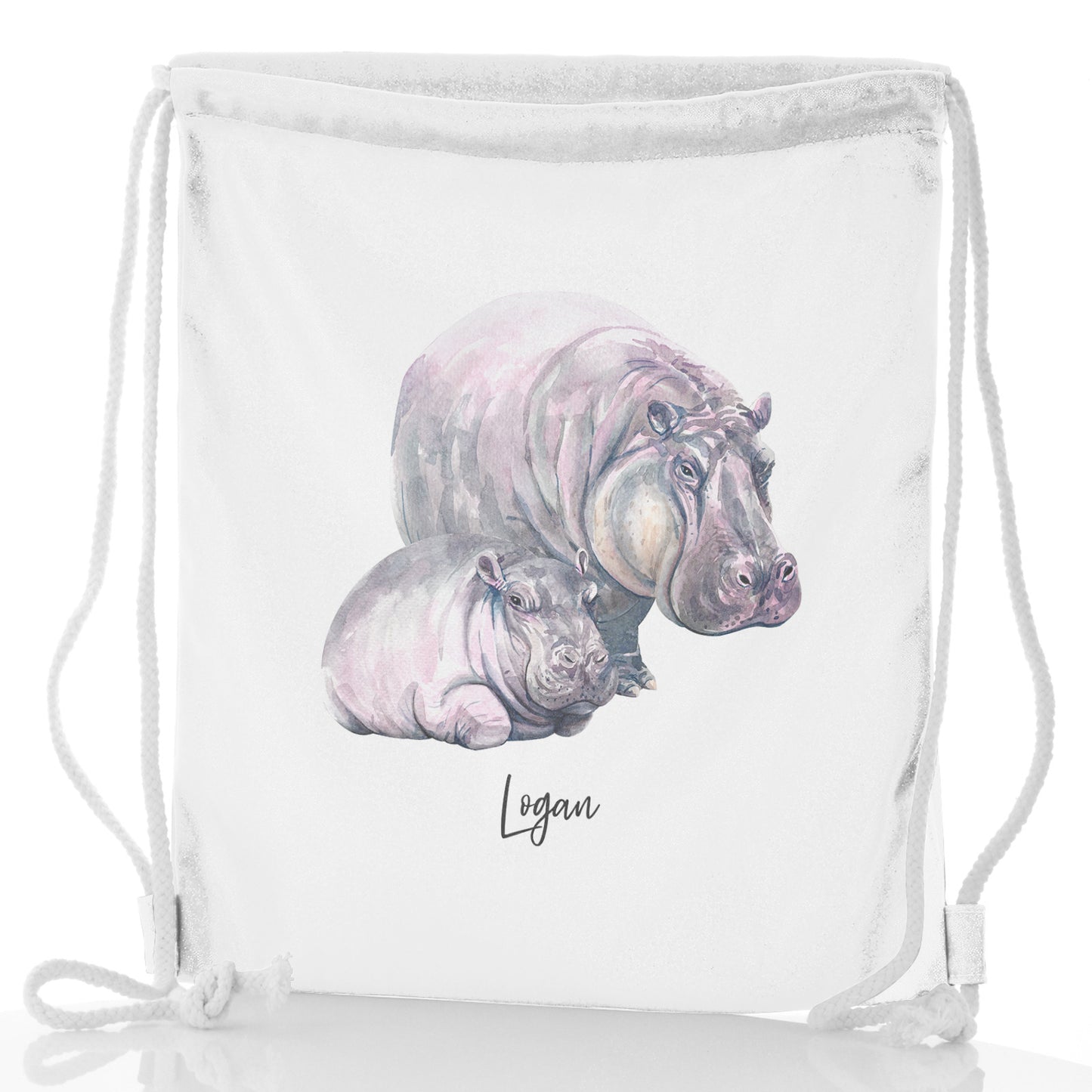 Personalised Glitter Drawstring Backpack with Welcoming Text and Relaxing Mum and Baby Hippos