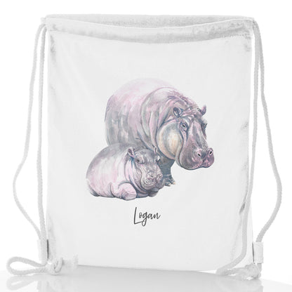 Personalised Glitter Drawstring Backpack with Welcoming Text and Relaxing Mum and Baby Hippos