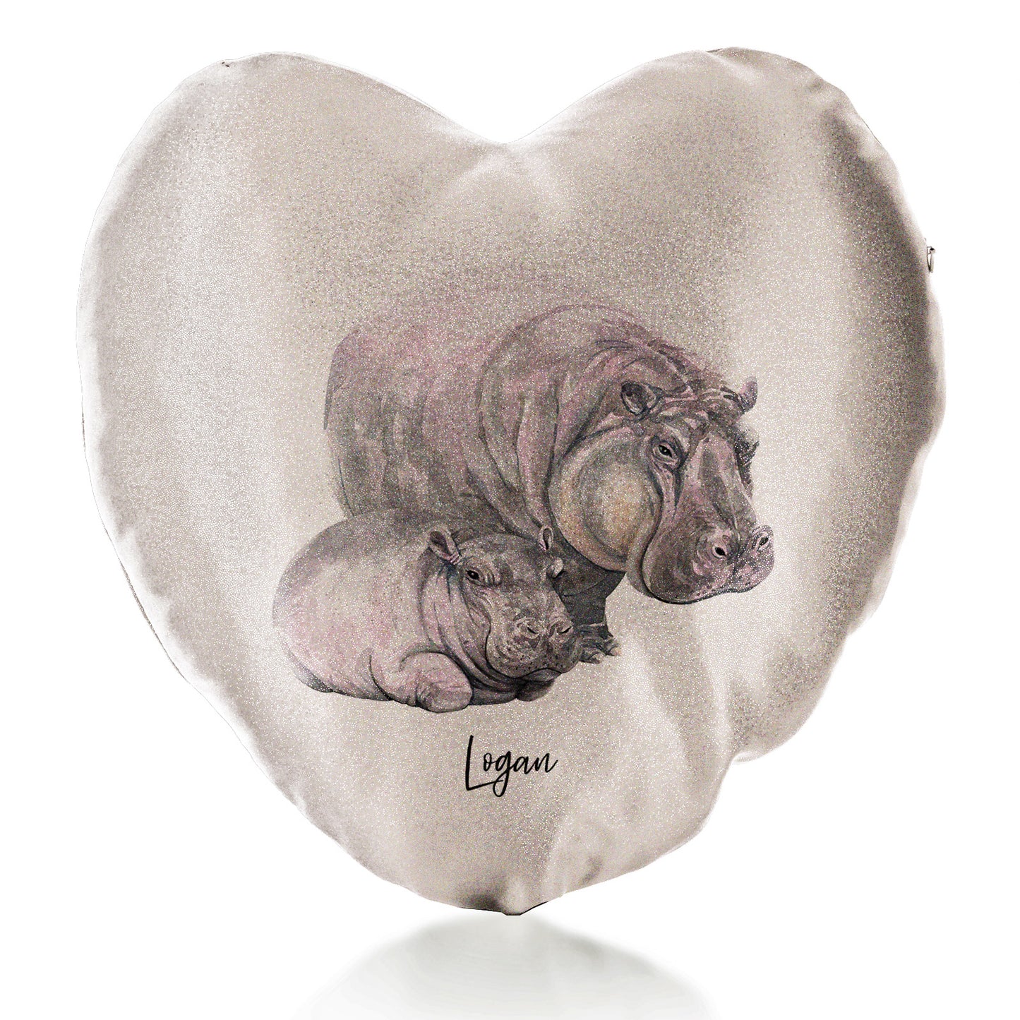 Personalised Glitter Heart Cushion with Welcoming Text and Relaxing Mum and Baby Hippos