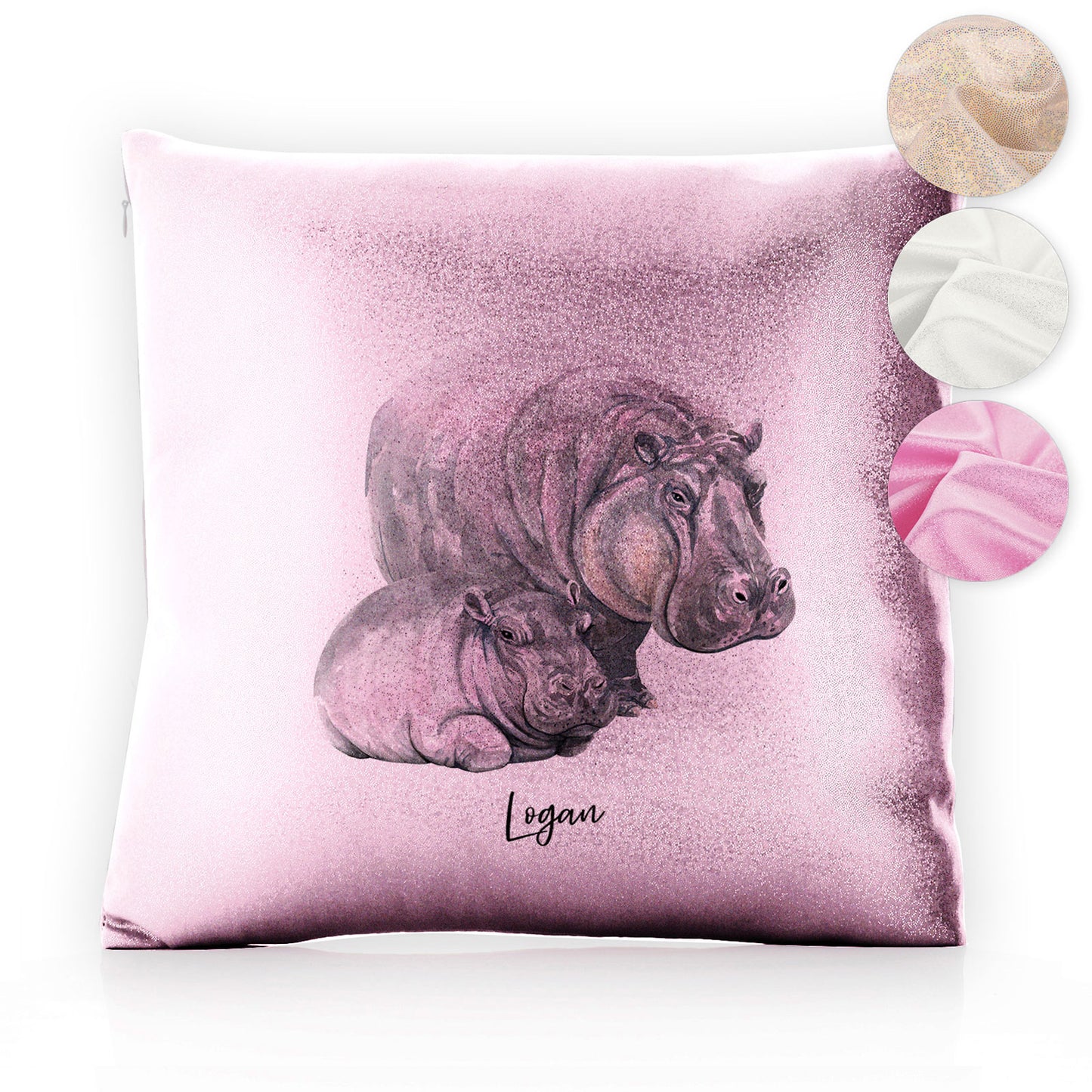 Personalised Glitter Cushion with Welcoming Text and Relaxing Mum and Baby Hippos