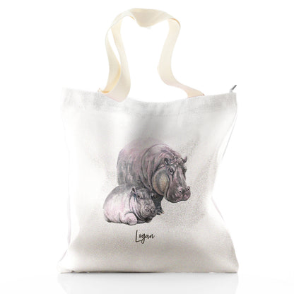 Personalisierte Glitzer-Einkaufstasche mit Willkommenstext und entspannenden Nilpferden für Mama und Baby