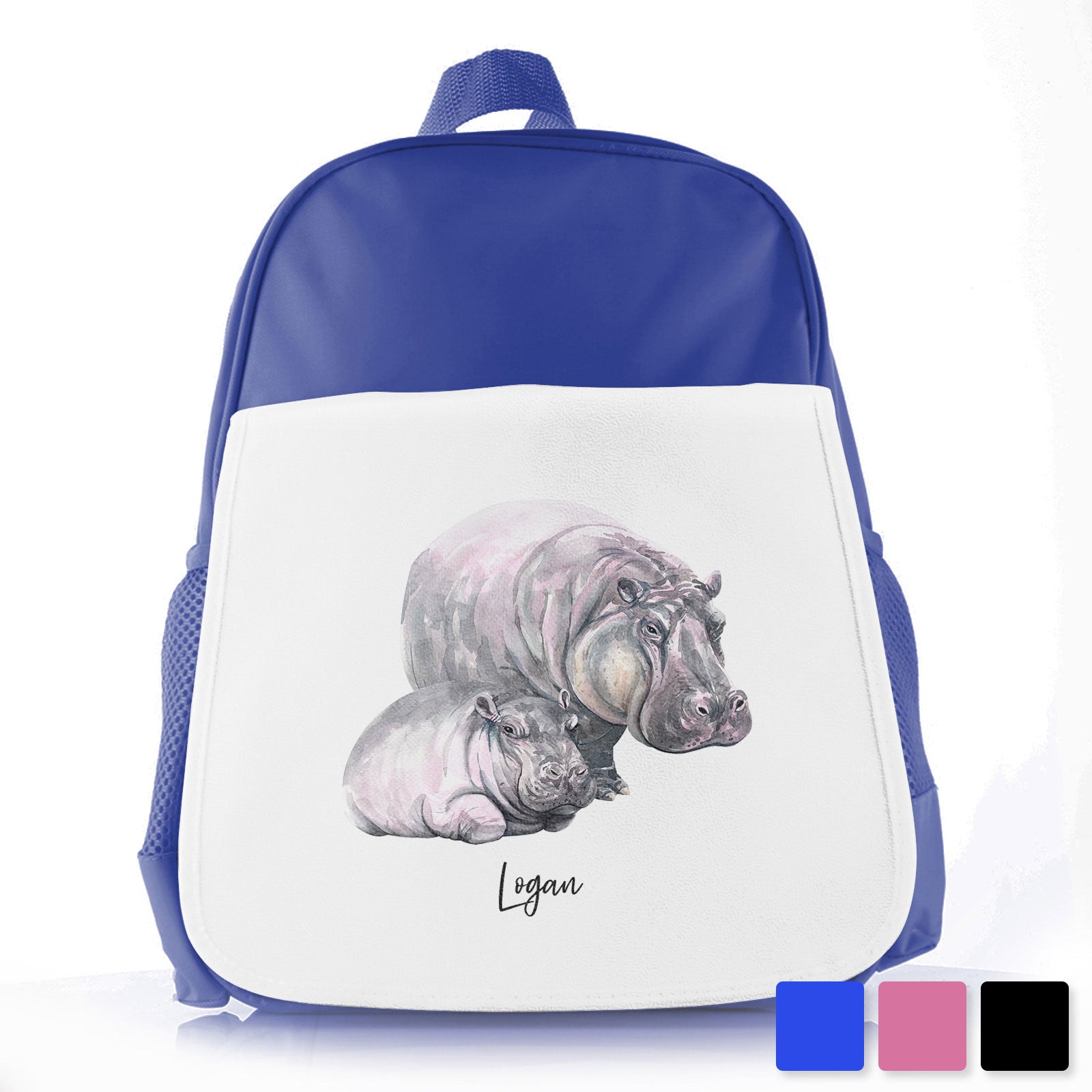 Personalised School Bag/Rucksack with Welcoming Text and Relaxing Mum and Baby Hippos