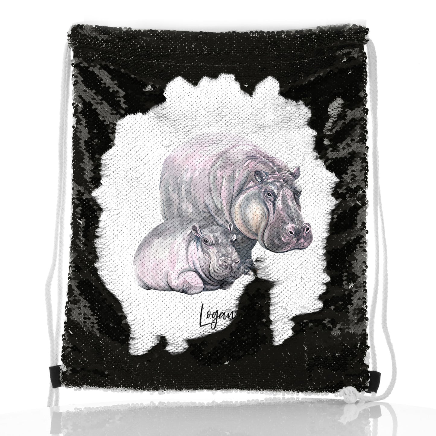 Personalisierter Pailletten-Rucksack mit Kordelzug, Begrüßungstext und entspannenden Nilpferden für Mama und Baby