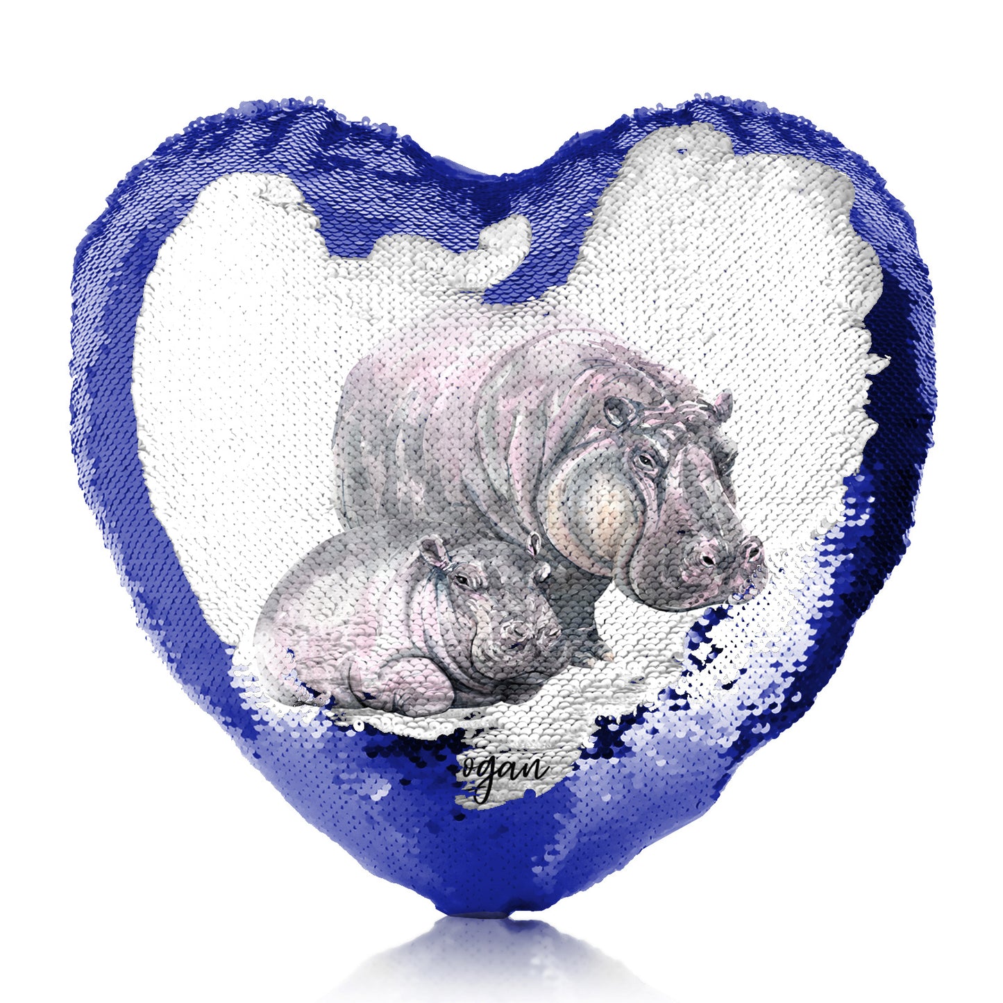 Personalised Sequin Heart Cushion with Welcoming Text and Relaxing Mum and Baby Hippos