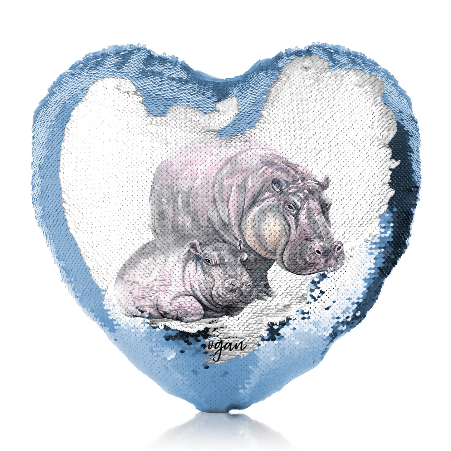 Personalised Sequin Heart Cushion with Welcoming Text and Relaxing Mum and Baby Hippos