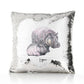 Personalised Sequin Cushion with Welcoming Text and Relaxing Mum and Baby Hippos
