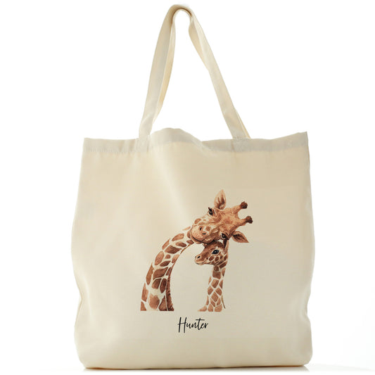 Personalised Canvas Tote Bag with Welcoming Text and Relaxing Mum and Baby Giraffes