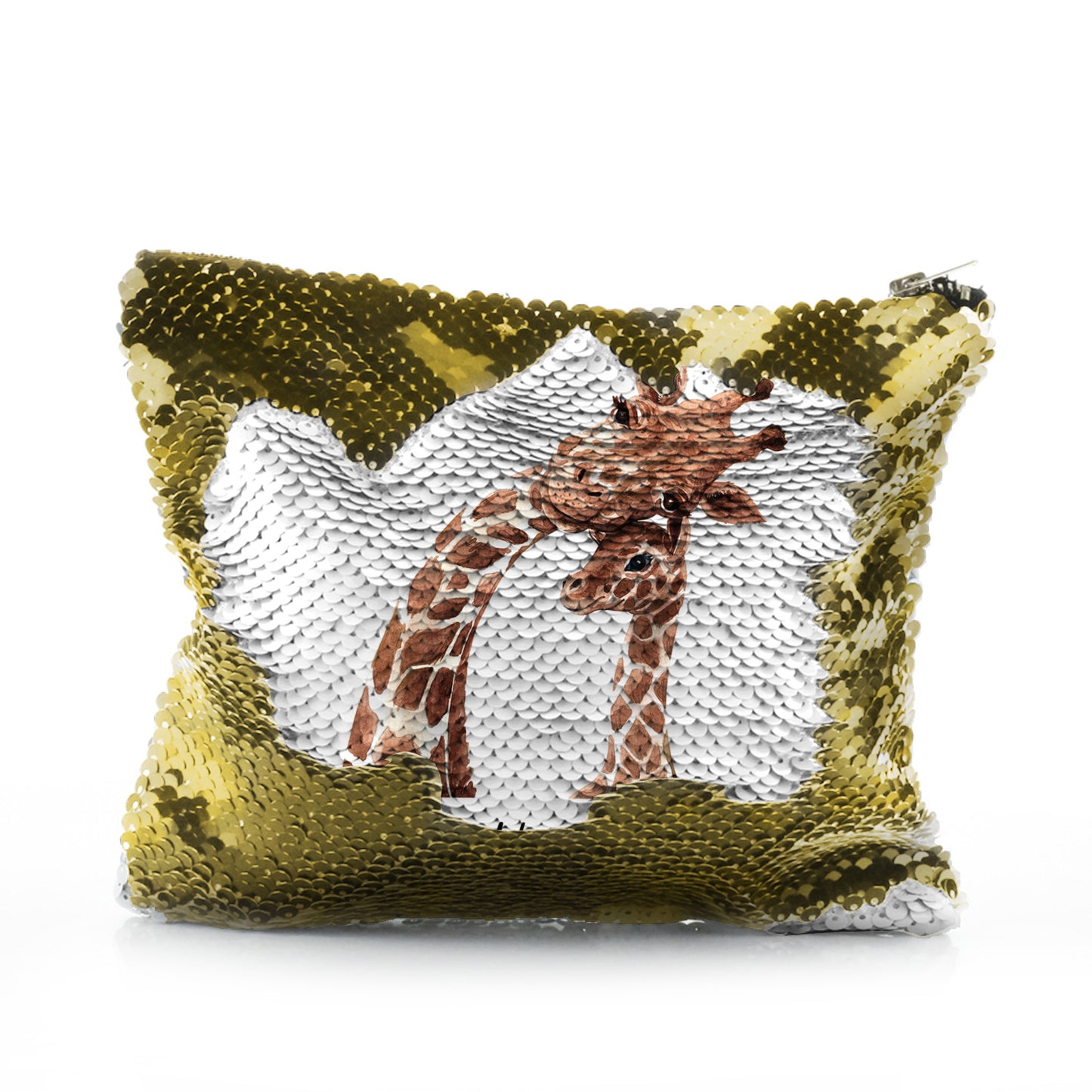 Personalised Sequin Zip Bag with Welcoming Text and Relaxing Mum and Baby Giraffes