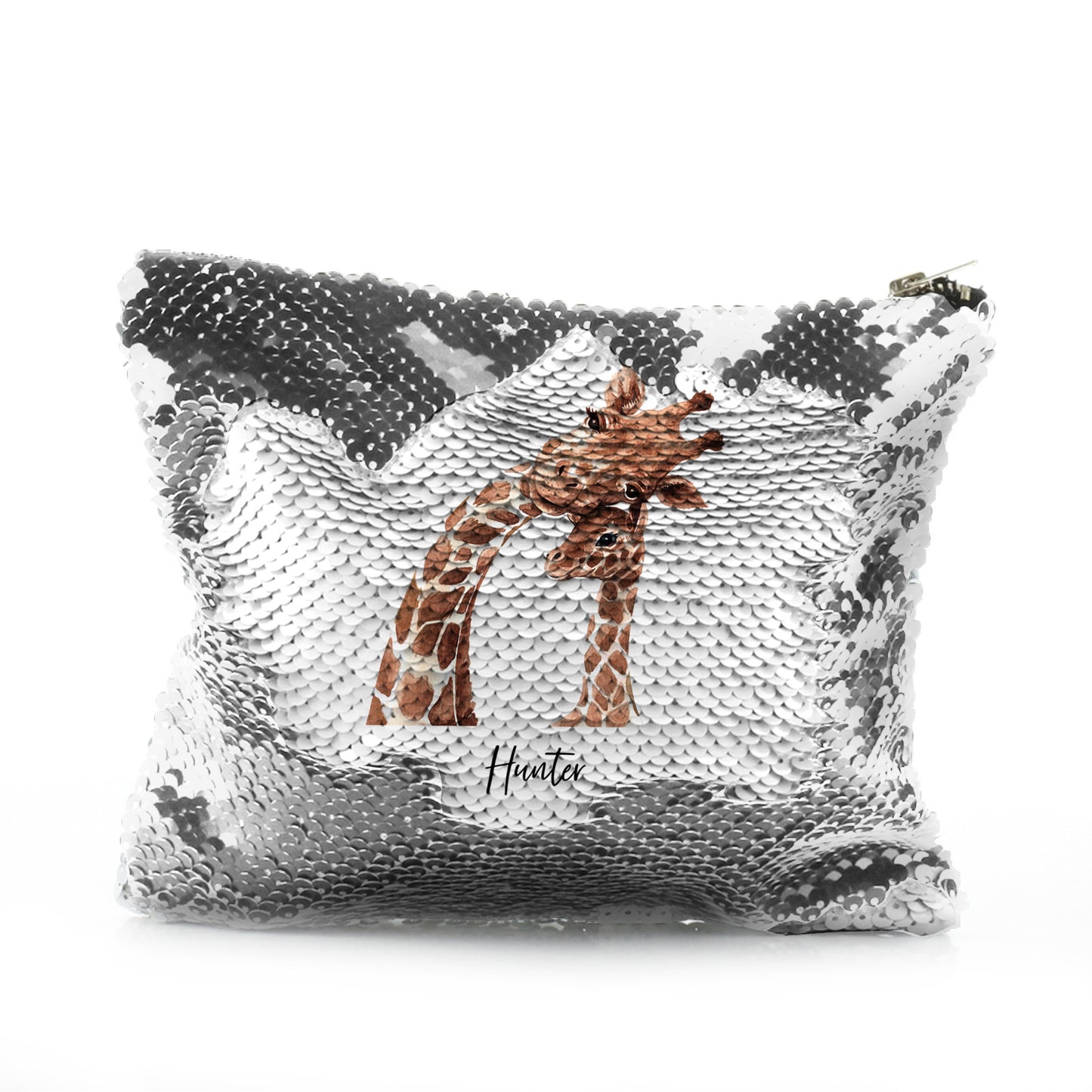Personalisierte Pailletten-Reißverschlusstasche mit Begrüßungstext und entspannenden Mama- und Baby-Giraffen