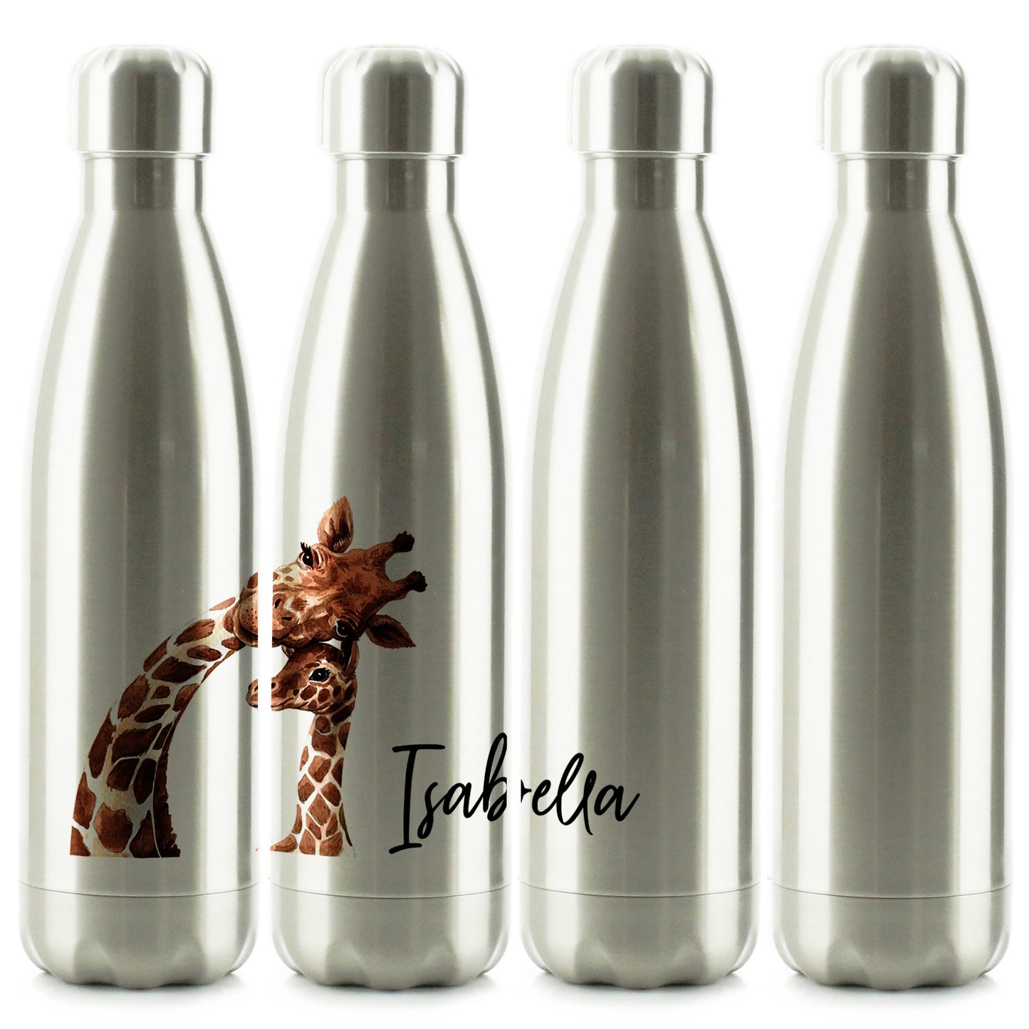 Personalisierte Cola-Flasche mit Begrüßungstext und entspannenden Mama- und Baby-Giraffen