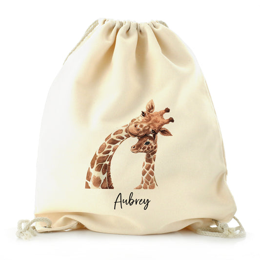 Personalised Canvas Drawstring Backpack with Welcoming Text and Relaxing Mum and Baby Giraffes