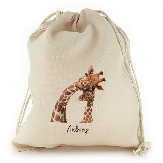Personalised Canvas Sack with Welcoming Text and Relaxing Mum and Baby Giraffes