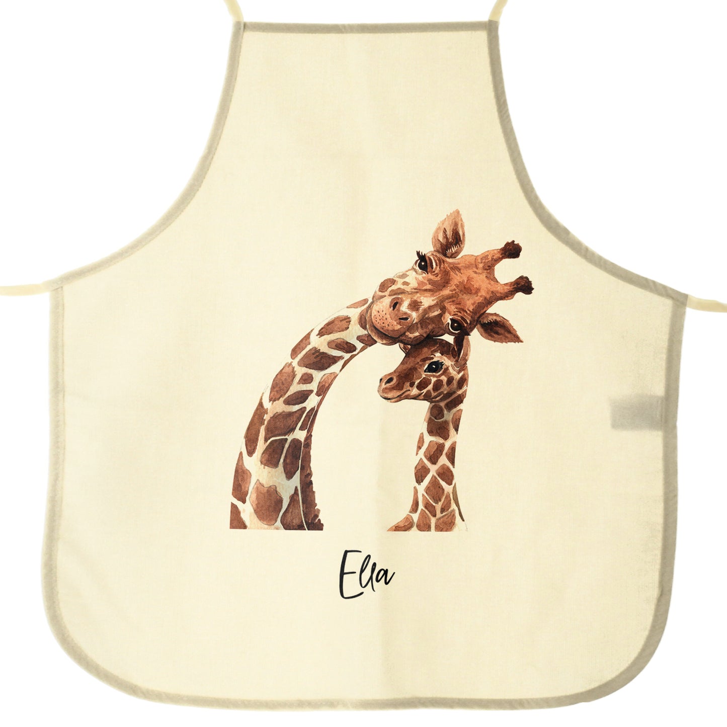 Personalisierte Schürze mit Willkommenstext und entspannenden Mama- und Baby-Giraffen