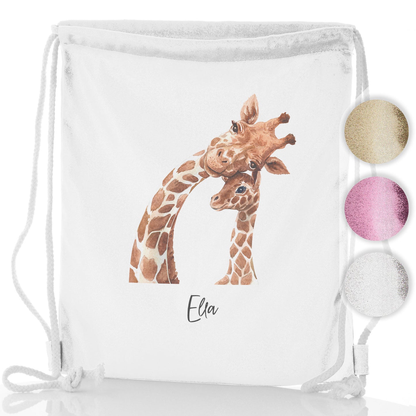 Personalised Glitter Drawstring Backpack with Welcoming Text and Relaxing Mum and Baby Giraffes