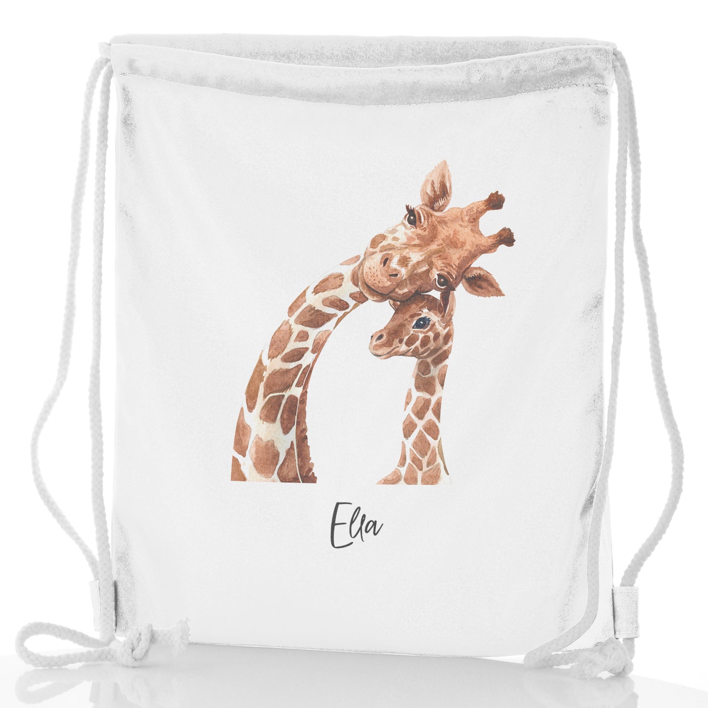 Personalised Glitter Drawstring Backpack with Welcoming Text and Relaxing Mum and Baby Giraffes