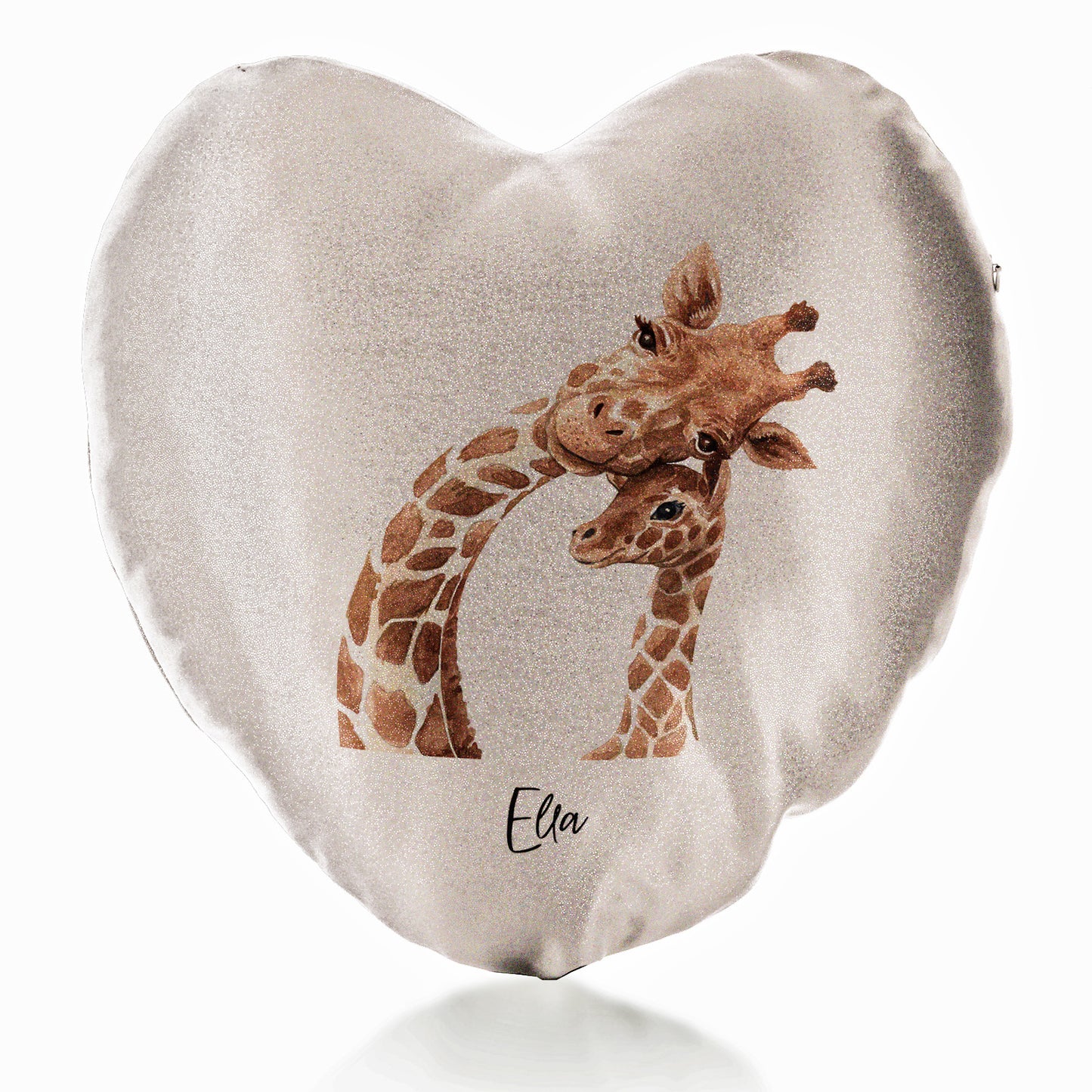 Personalisiertes Glitzer-Herzkissen mit Begrüßungstext und entspannenden Mama- und Baby-Giraffen