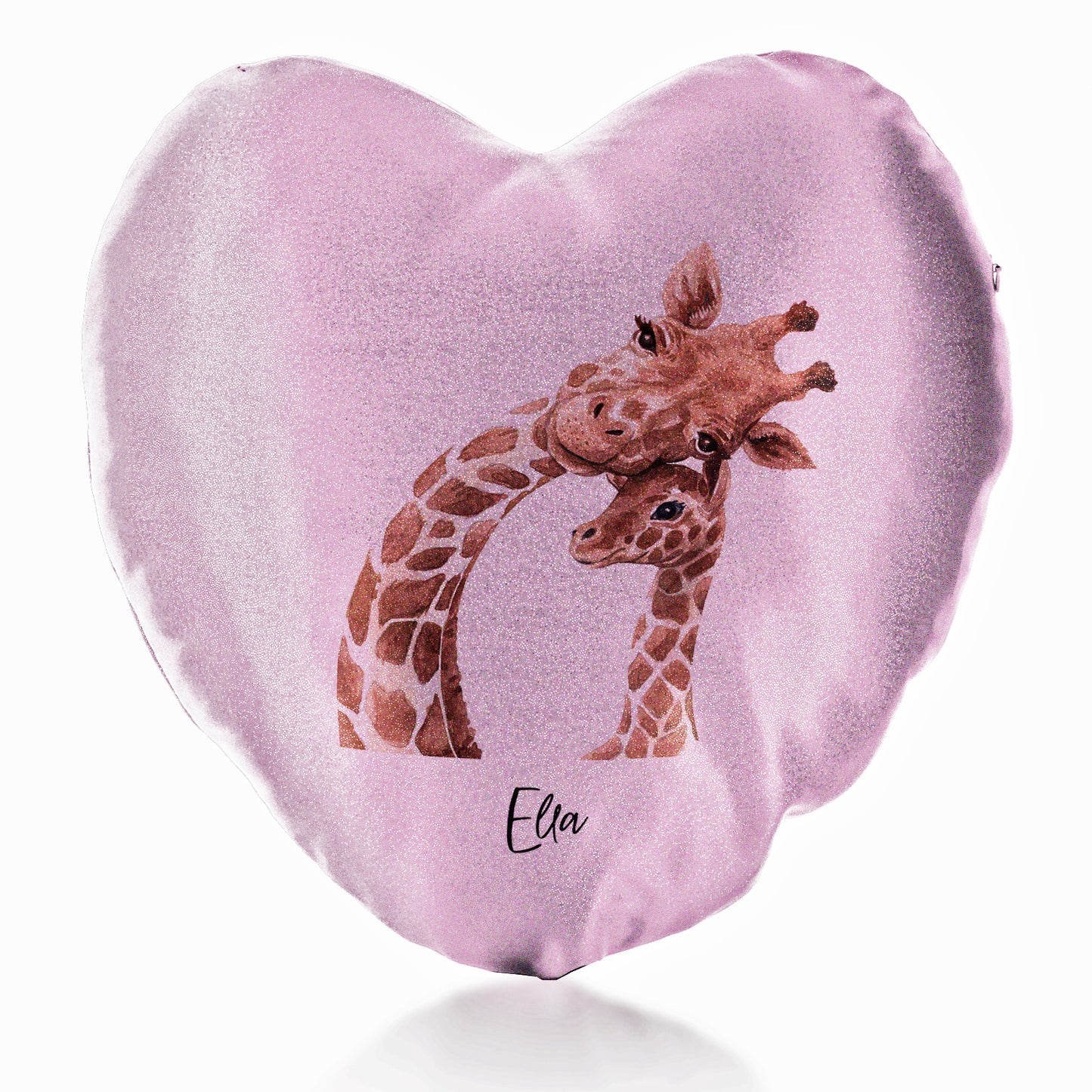 Personalised Glitter Heart Cushion with Welcoming Text and Relaxing Mum and Baby Giraffes