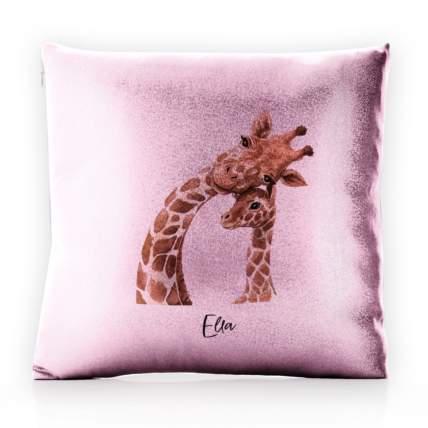 Personalisiertes Glitzerkissen mit Willkommenstext und entspannenden Mama- und Baby-Giraffen