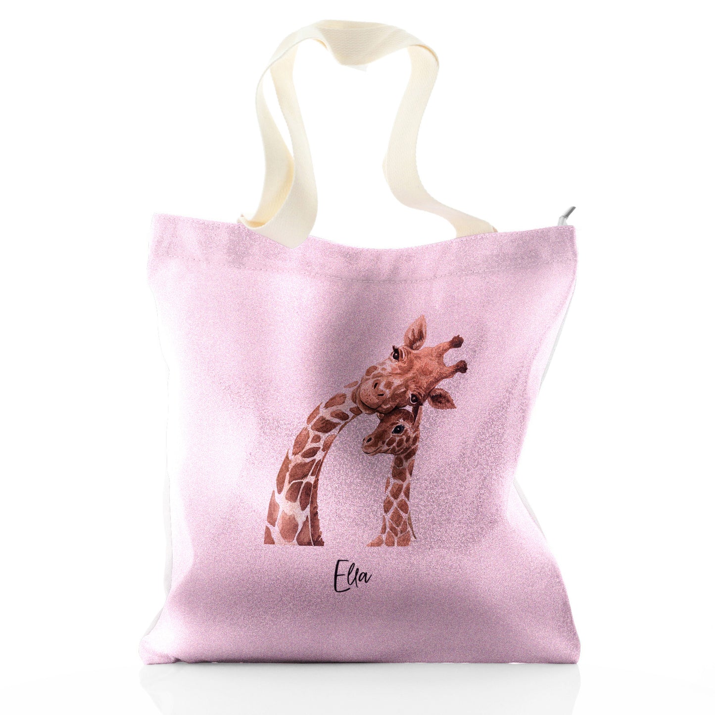 Personalisierte Glitzer-Einkaufstasche mit Willkommenstext und entspannenden Mama- und Baby-Giraffen