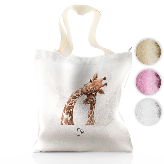 Personalised Glitter Tote Bag with Welcoming Text and Relaxing Mum and Baby Giraffes