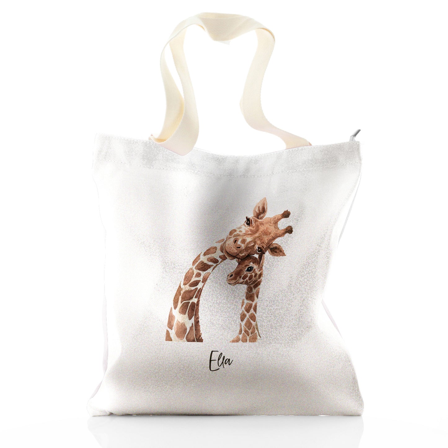 Personalisierte Glitzer-Einkaufstasche mit Willkommenstext und entspannenden Mama- und Baby-Giraffen