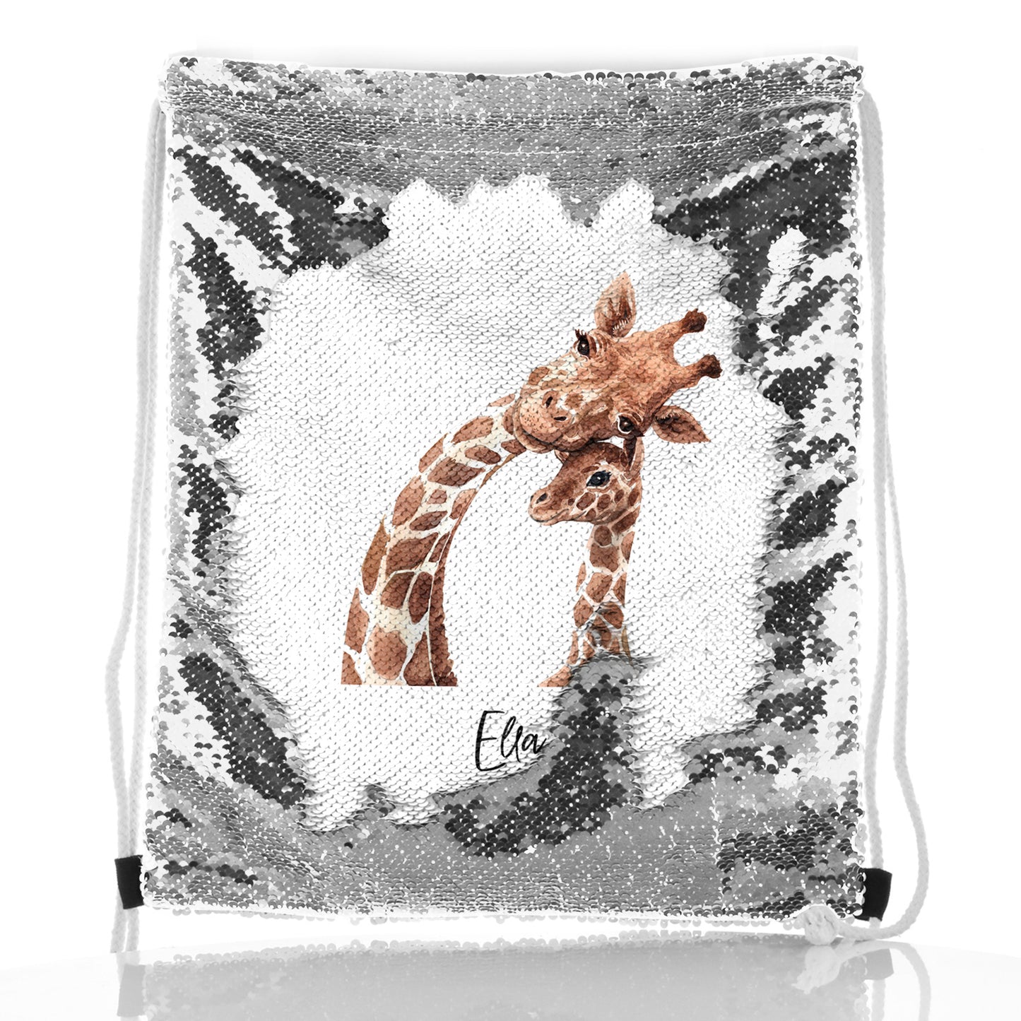 Personalisierter Pailletten-Rucksack mit Kordelzug, Begrüßungstext und entspannenden Mama- und Baby-Giraffen