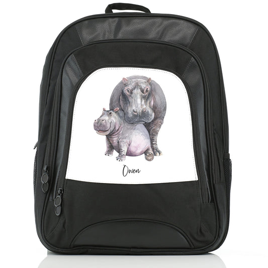 Personalised Large Multifunction Backpack with Welcoming Text and Embracing Mum and Baby Hippos