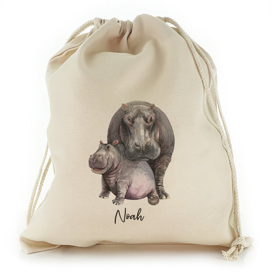 Personalised Canvas Sack with Welcoming Text and Embracing Mum and Baby Hippos