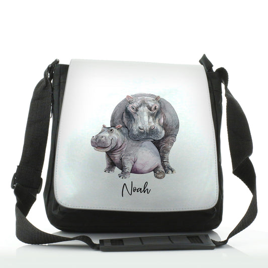 Personalised Shoulder Bag with Welcoming Text and Embracing Mum and Baby Hippos