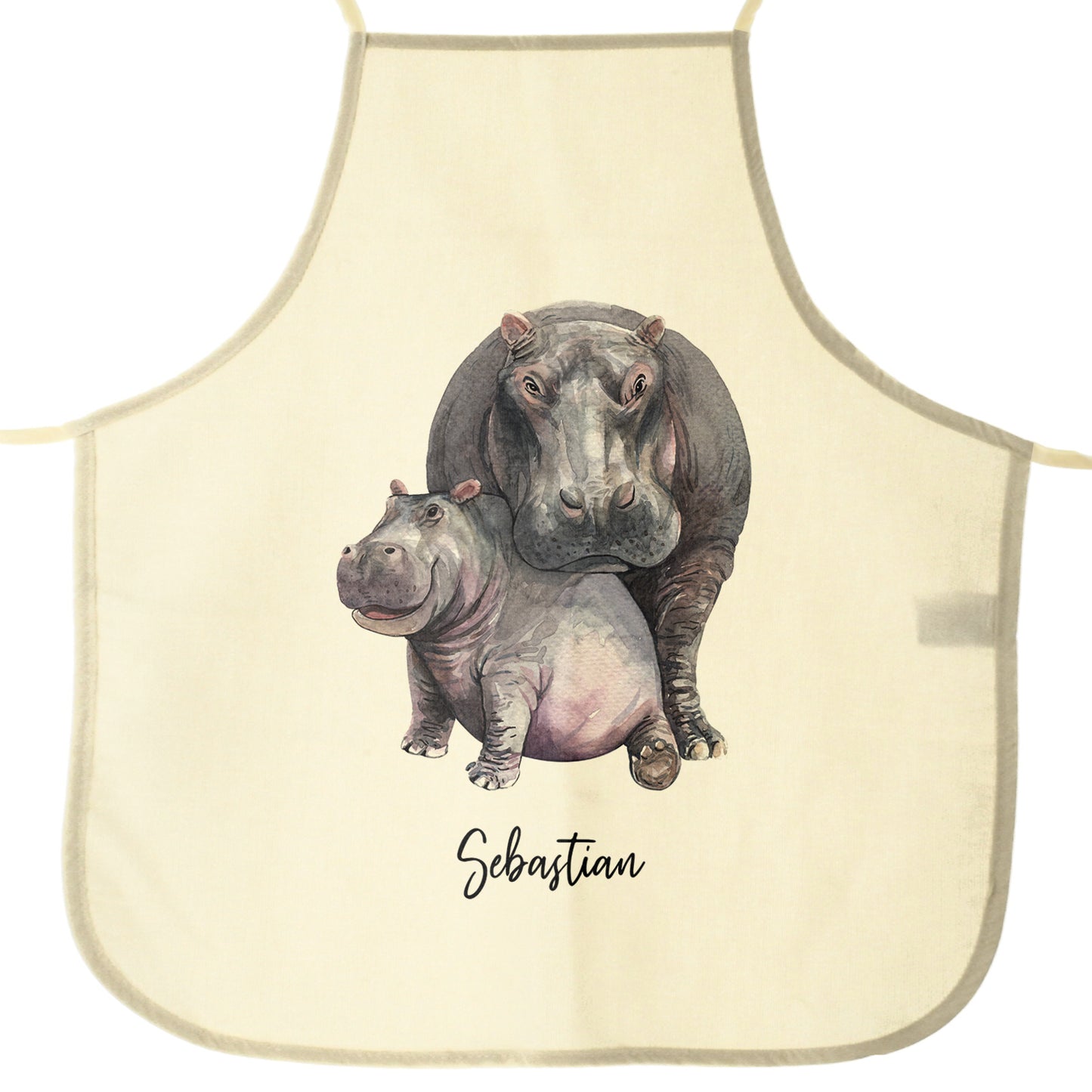 Personalisierte Schürze mit Begrüßungstext und umarmender Mutter und ihrem Baby-Flusspferd