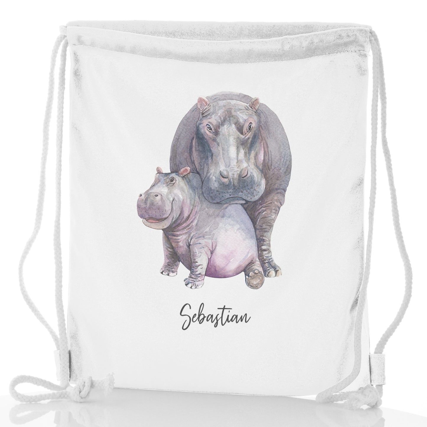 Personalised Glitter Drawstring Backpack with Welcoming Text and Embracing Mum and Baby Hippos