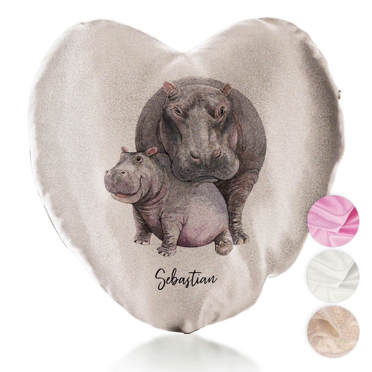 Personalised Glitter Heart Cushion with Welcoming Text and Embracing Mum and Baby Hippos