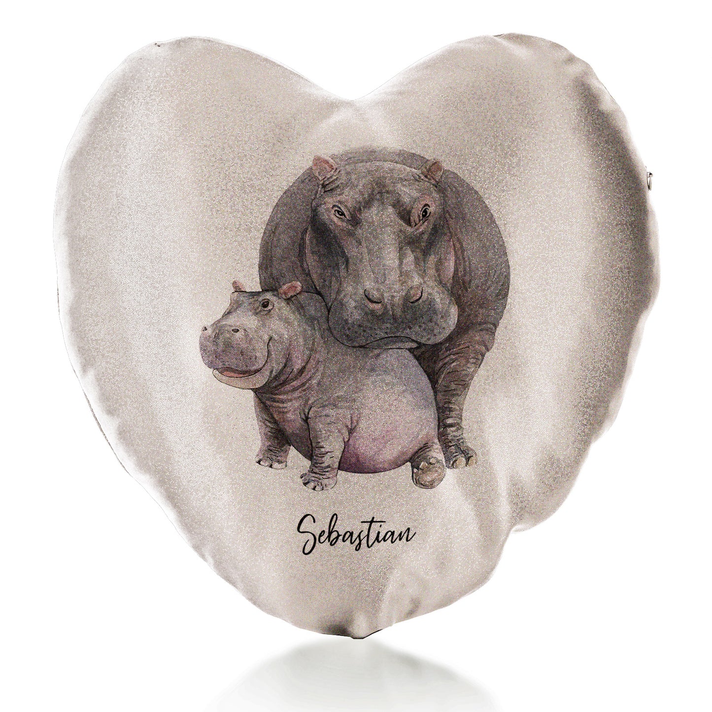 Personalised Glitter Heart Cushion with Welcoming Text and Embracing Mum and Baby Hippos